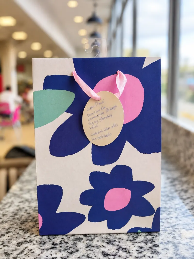 Bolsa de regalo con diseño de flores moradas y rosadas, cinta rosada y tarjeta escrita a mano